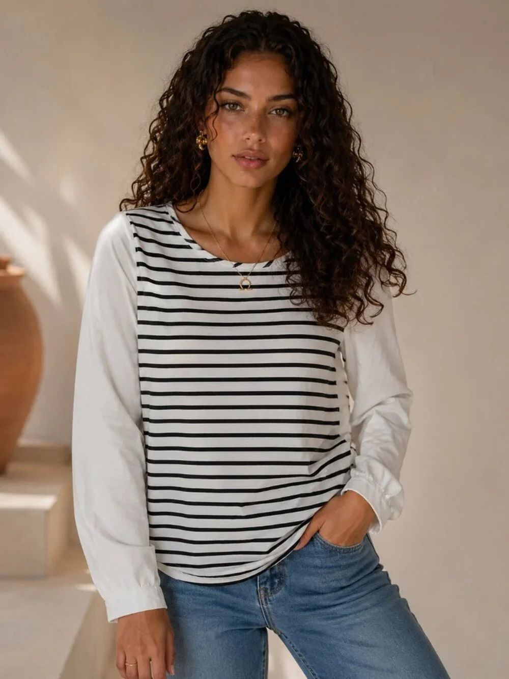 OLD NAVY Color Block Striped Tunic Top L Zipper Back Long Sleeve Blouse Shirt - Picture 1 of 14